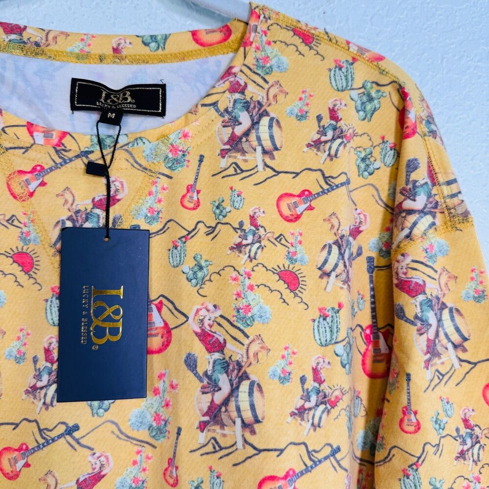 Lucky and Blessed Top Womens Medium Tunic Western Cowgirl Guitar Print Rodeo NEW - Picture 7 of 12